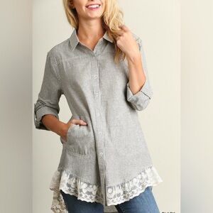 Umgee Striped & Lace High/Low Button Down